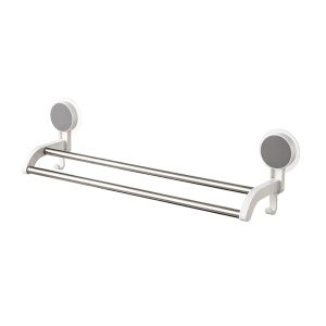 Cetomo Wall Mounted Double-Bar Towel Rack with 2 Hooks for Shower Pouf Cleaning Cloth Brush Scoop Kitchen Bathroom, Plastic Frame Iron Rod No Drill Adhesive, White